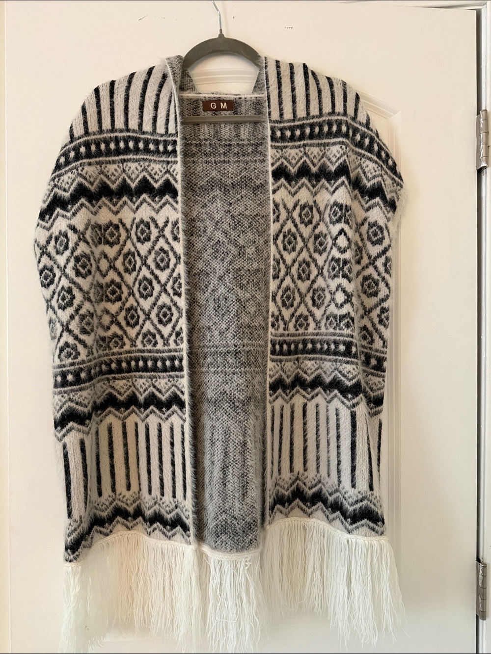 GM Open-Front Fringe Poncho in Cream and Black with Fringe Hem